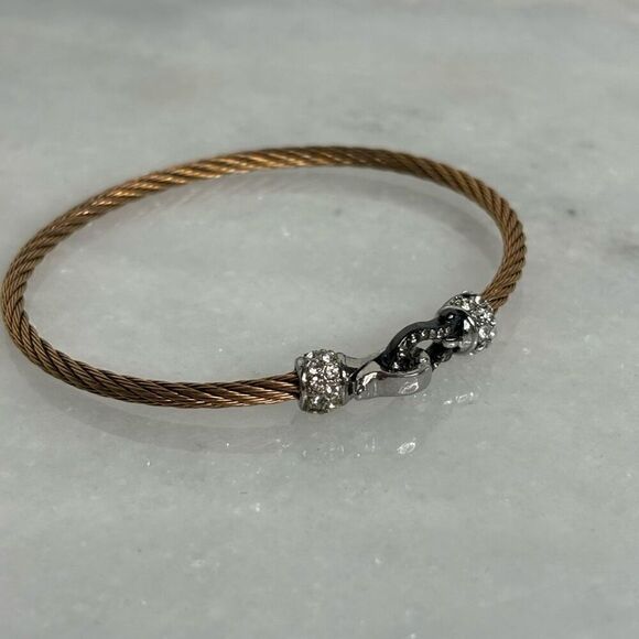 Rose Gold-tone Twisted Cable With Black and Silver Rhinestone Horseshoe Clasp Ba - Picture 2 of 4